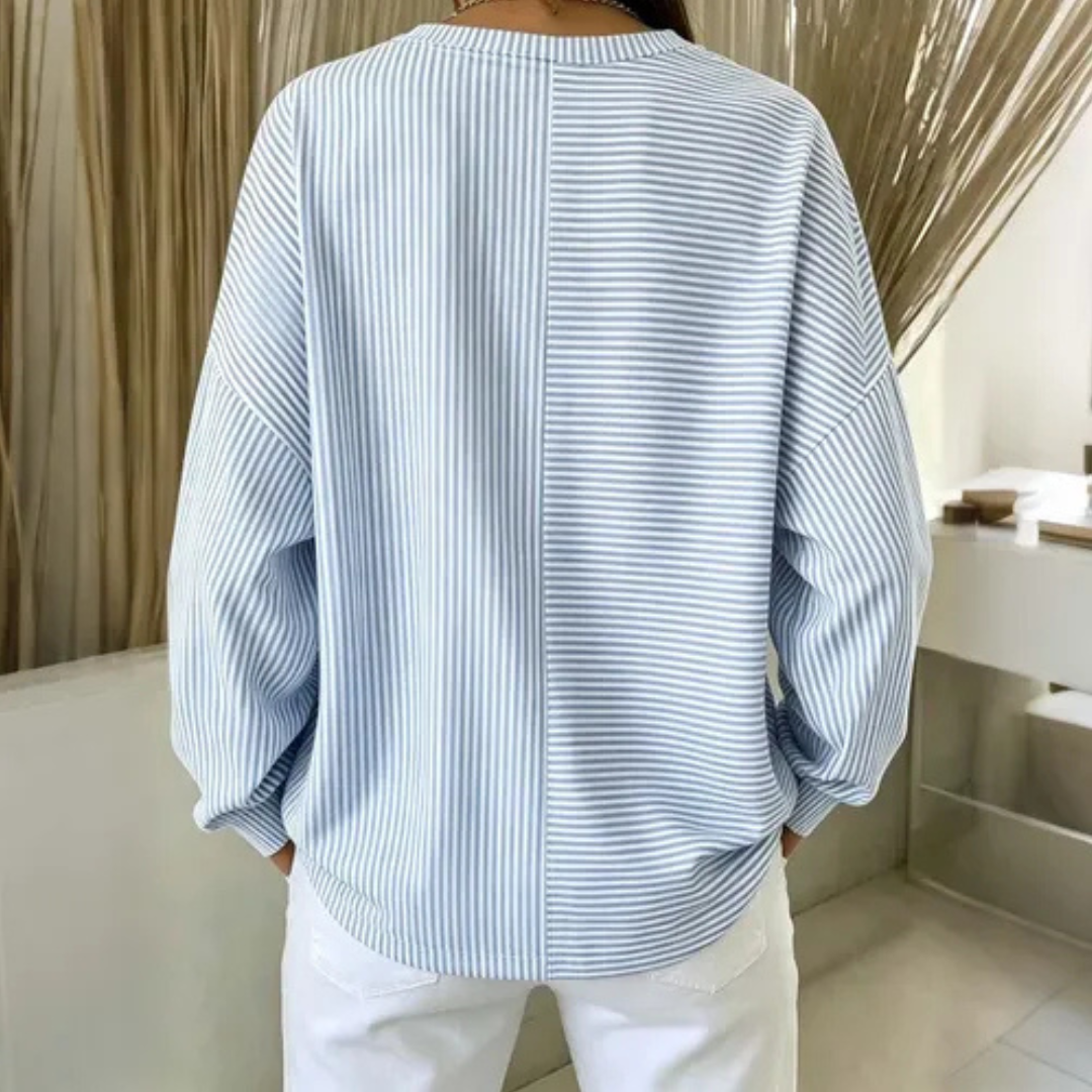 Blusa de mujer de rayas con abertura de botones en el cuello, manga larga, ajuste relajado y dobladillo curvo