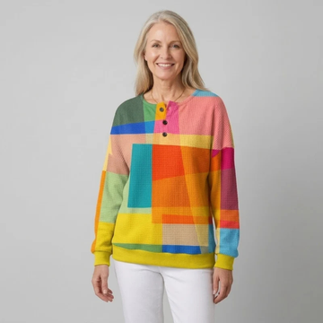 Blusa Henley para mujer con estampado en bloques geométricos - cuello redondo con abertura de 3 botones, manga larga, silueta tunic relajada