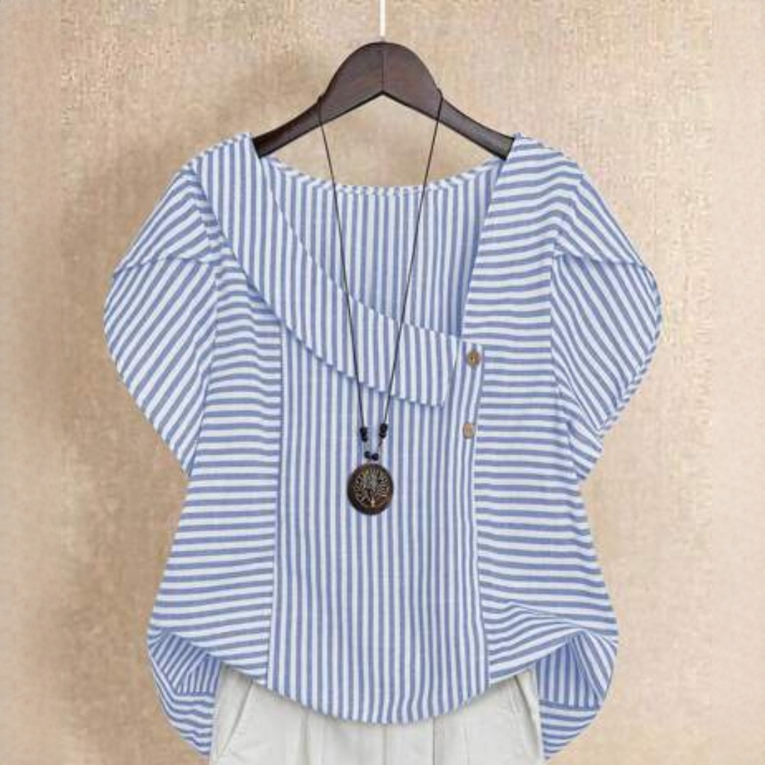 Blusa mujer a rayas con cuello asimétrico y abertura de dos botones, mangas cortas