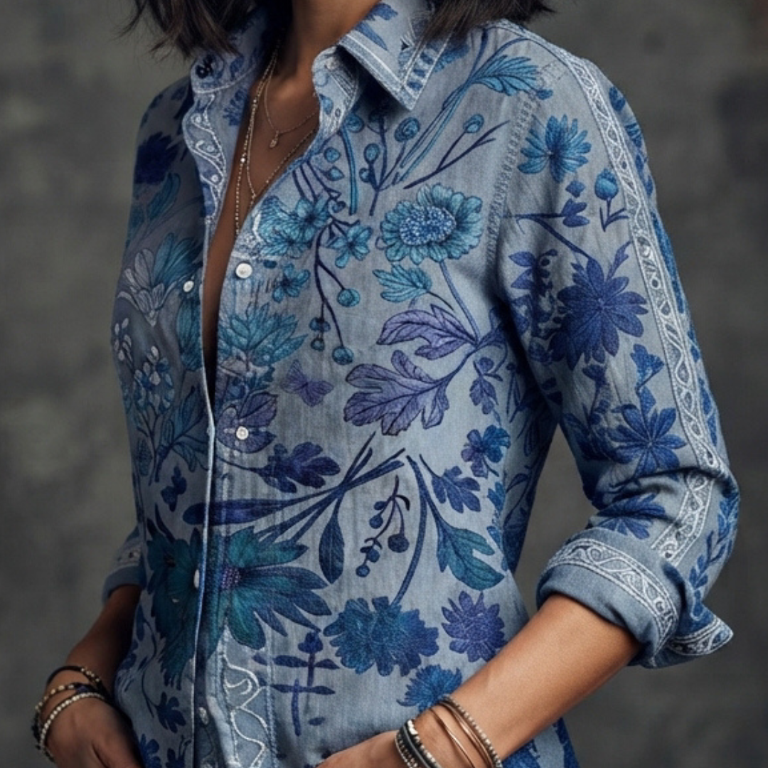 Blusa mujer con cuello banda y escote en V con placket frontal, mangas cortas abullonadas y puños fruncidos, corte holgado, estampado floral