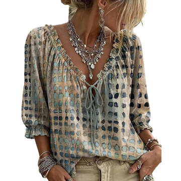 Blusa mujer con escote en V y volantes con lazo frontal, mangas 3/4 con puños elásticos, estampado cuadriculado