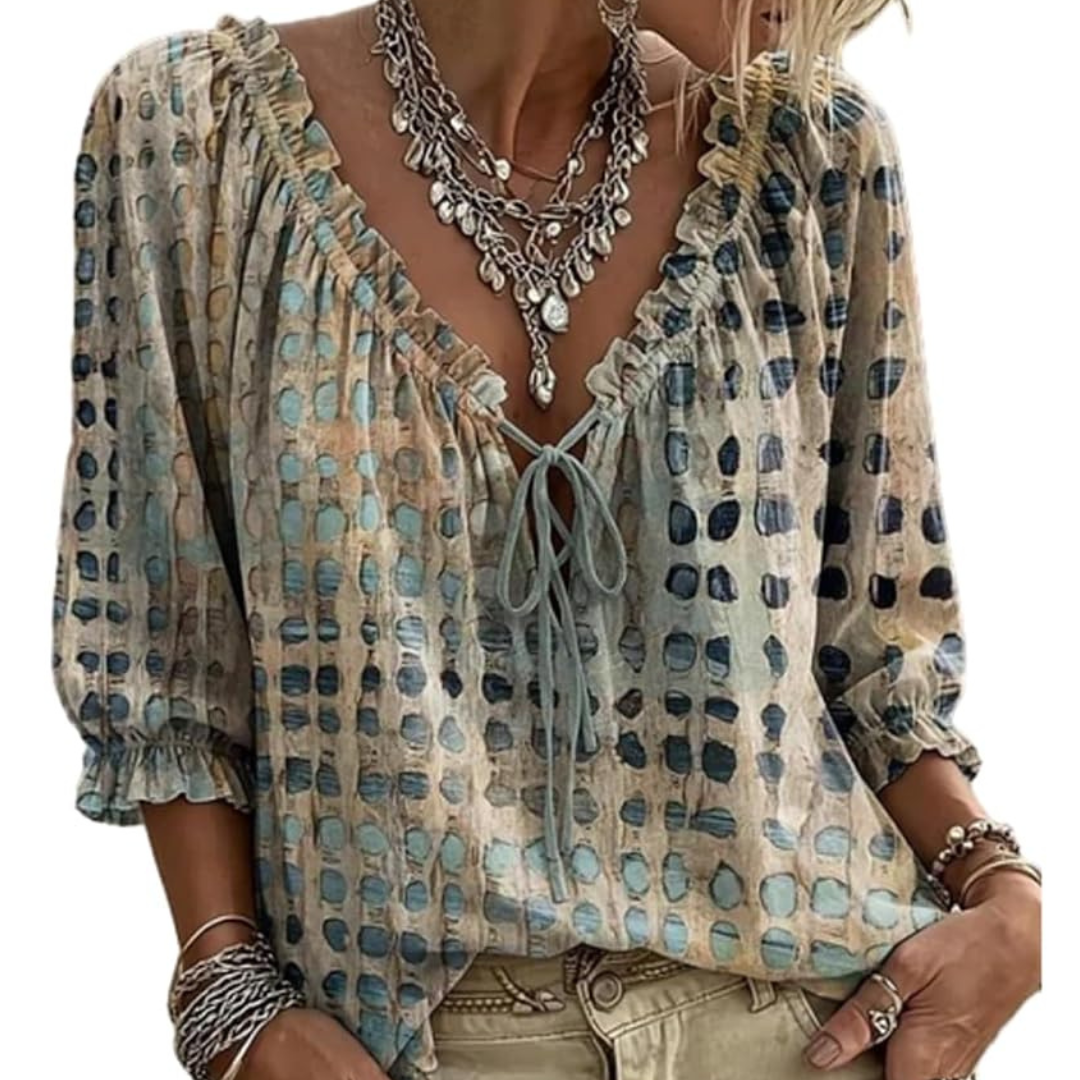 Blusa mujer con escote en V y volantes con lazo frontal, mangas 3/4 con puños elásticos, estampado cuadriculado