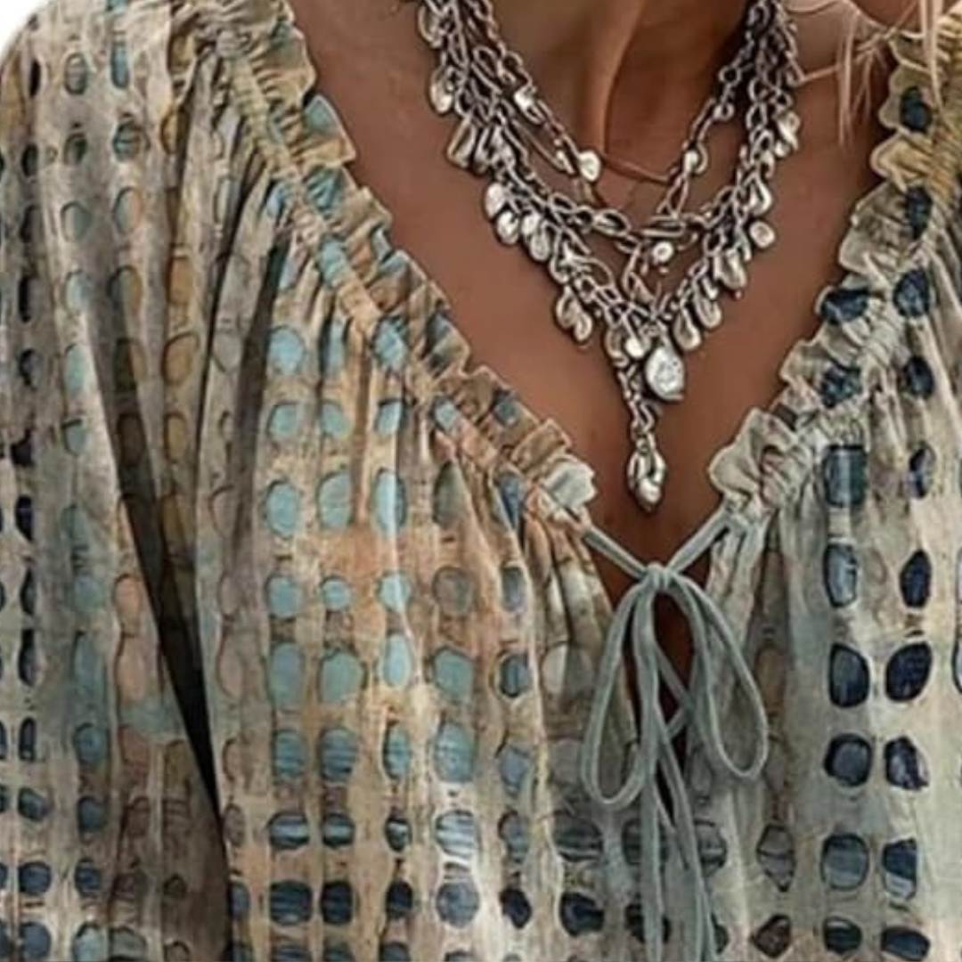 Blusa mujer con escote en V y volantes con lazo frontal, mangas 3/4 con puños elásticos, estampado cuadriculado