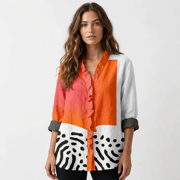 Blusa mujer con volantes en V, placket abotonado, mangas largas, base alta-baja