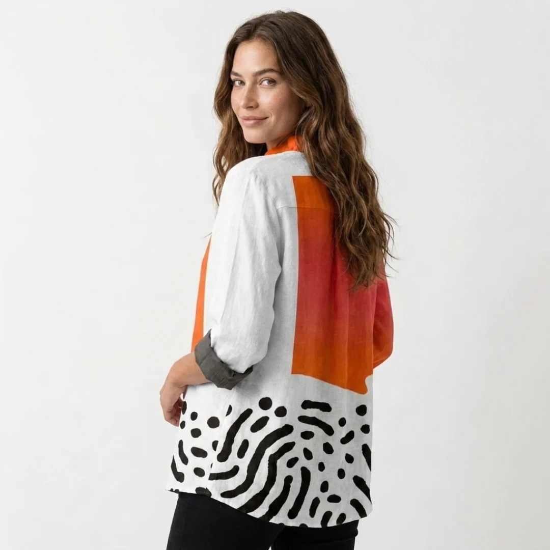 Blusa mujer con volantes en V, placket abotonado, mangas largas, base alta-baja
