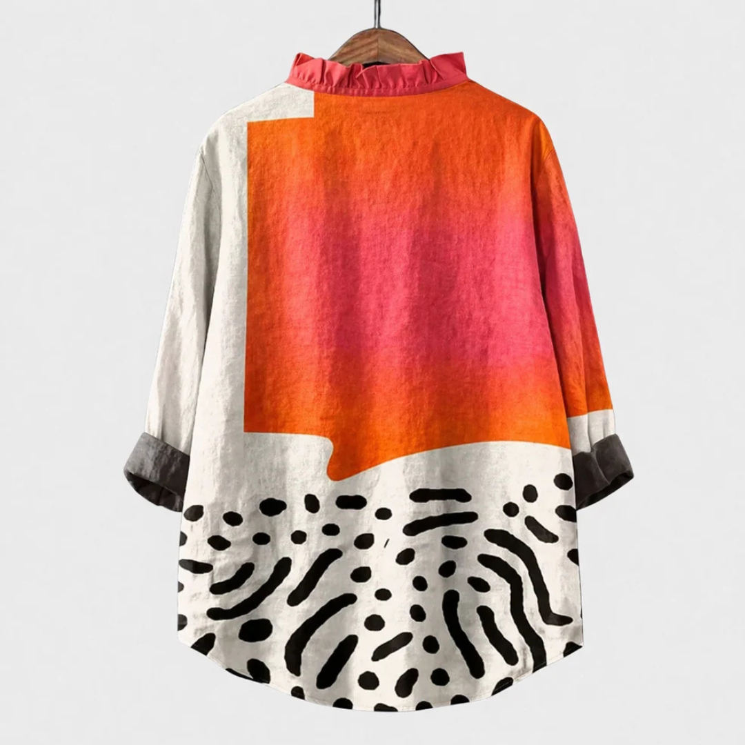 Blusa mujer con volantes en V, placket abotonado, mangas largas, base alta-baja