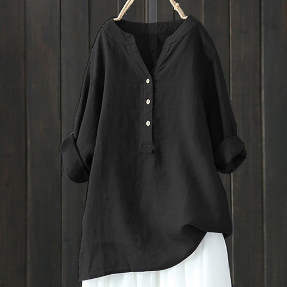 Blusa Mujer V‑cuello con placket de 3 botones, manga larga con puño doblado, corte relajado y dobladillo asimétrico