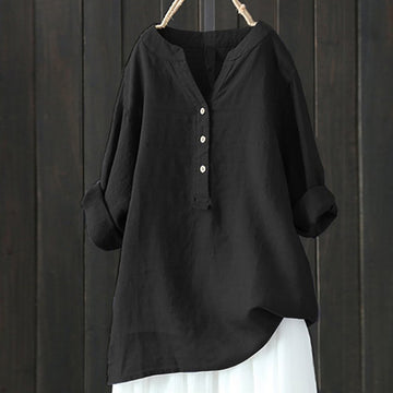 Blusa Mujer V‑cuello con placket de 3 botones, manga larga con puño doblado, corte relajado y dobladillo asimétrico