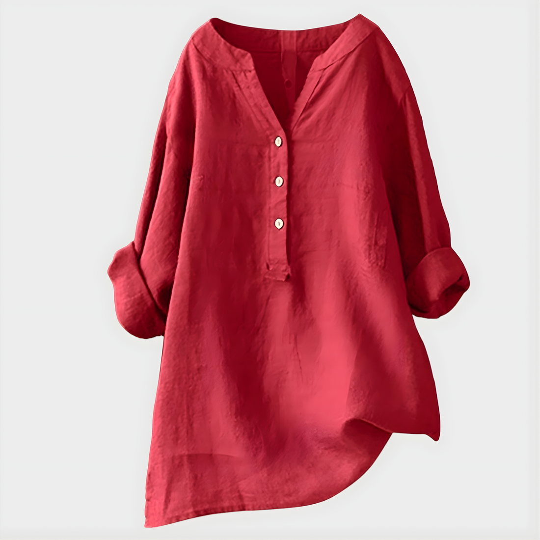 Blusa Mujer V‑cuello con placket de 3 botones, manga larga con puño doblado, corte relajado y dobladillo asimétrico