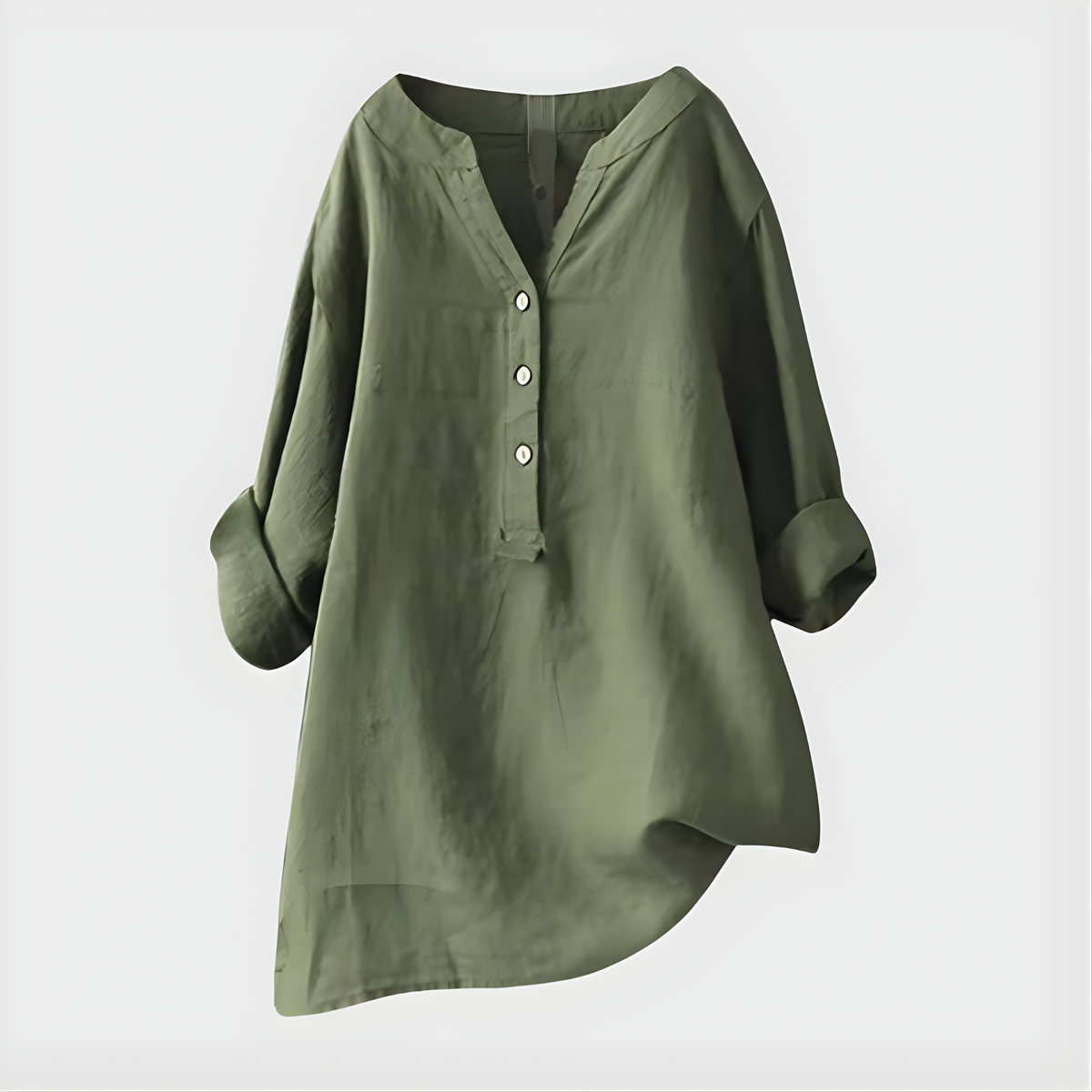 Blusa Mujer V‑cuello con placket de 3 botones, manga larga con puño doblado, corte relajado y dobladillo asimétrico