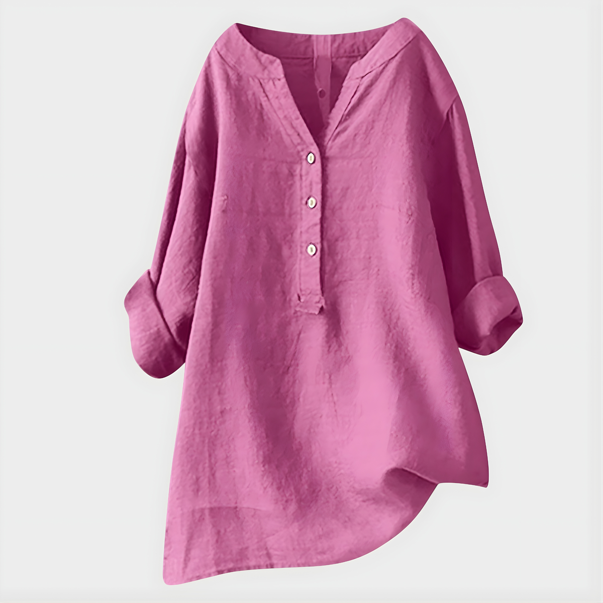Blusa Mujer V‑cuello con placket de 3 botones, manga larga con puño doblado, corte relajado y dobladillo asimétrico