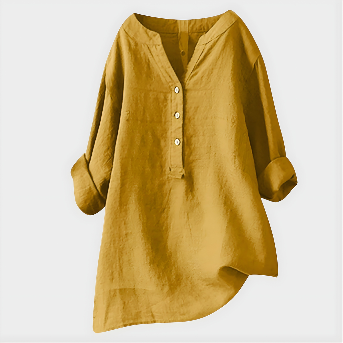 Blusa Mujer V‑cuello con placket de 3 botones, manga larga con puño doblado, corte relajado y dobladillo asimétrico