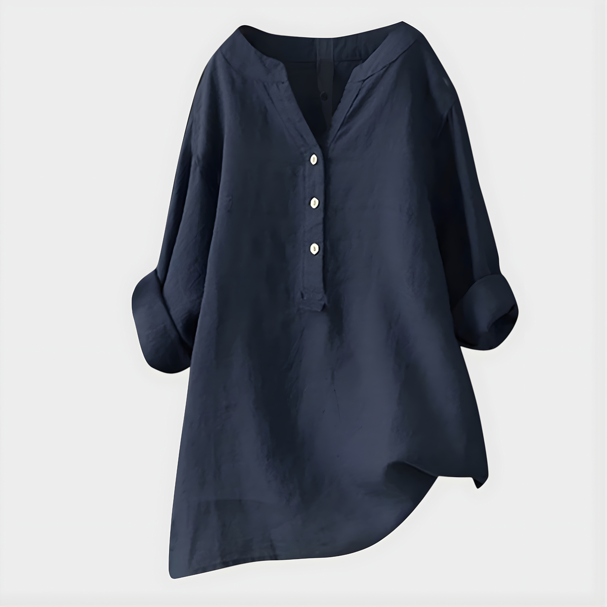Blusa Mujer V‑cuello con placket de 3 botones, manga larga con puño doblado, corte relajado y dobladillo asimétrico