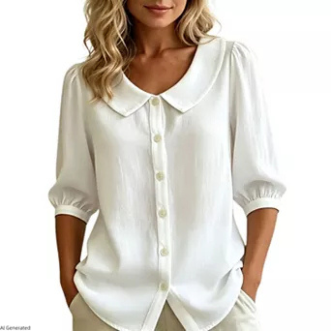 Blusa para Mujer con botonadura al frente, cuello Peter Pan y mangas abullonadas 3/4, corte relajado