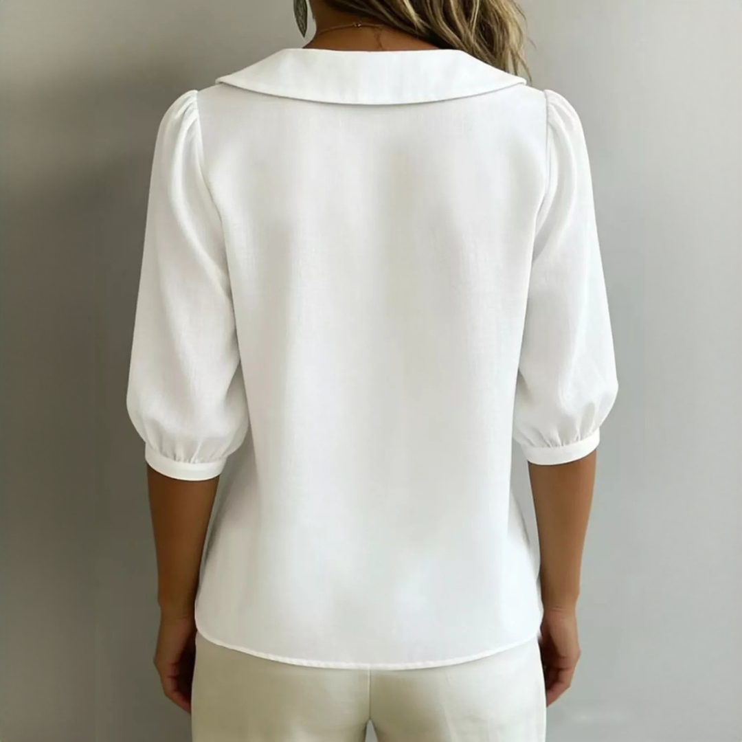Blusa para Mujer con botonadura al frente, cuello Peter Pan y mangas abullonadas 3/4, corte relajado