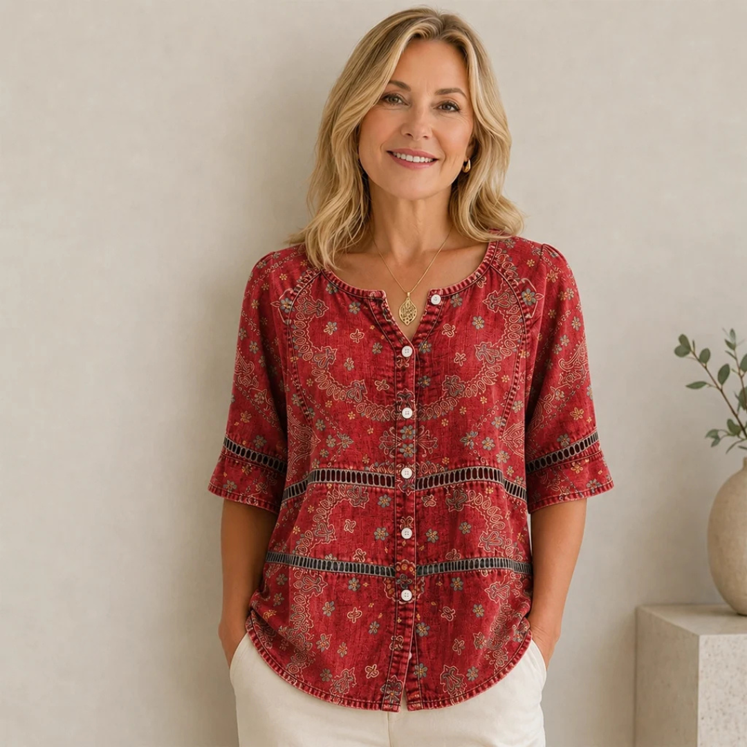 Blusa para mujer con botones frontales, escote en V con abertura, mangas 3/4, dobladillo curvado, estampado étnico paisley, corte relajado