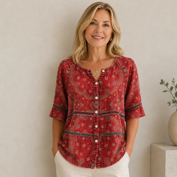 Blusa para mujer con botones frontales, escote en V con abertura, mangas 3/4, dobladillo curvado, estampado étnico paisley, corte relajado