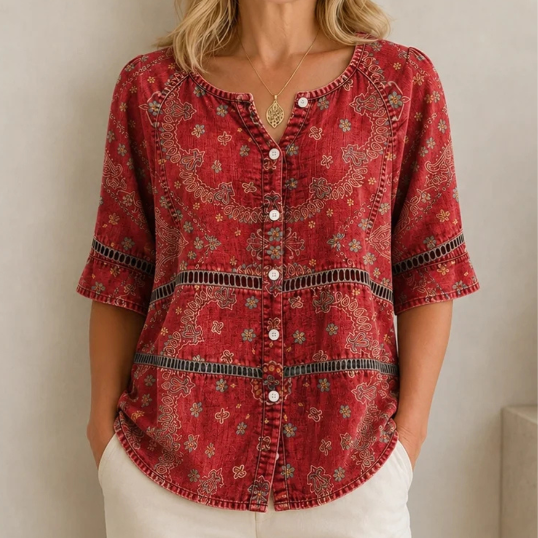 Blusa para mujer con botones frontales, escote en V con abertura, mangas 3/4, dobladillo curvado, estampado étnico paisley, corte relajado