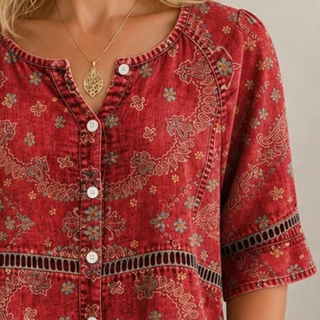 Blusa para mujer con botones frontales, escote en V con abertura, mangas 3/4, dobladillo curvado, estampado étnico paisley, corte relajado