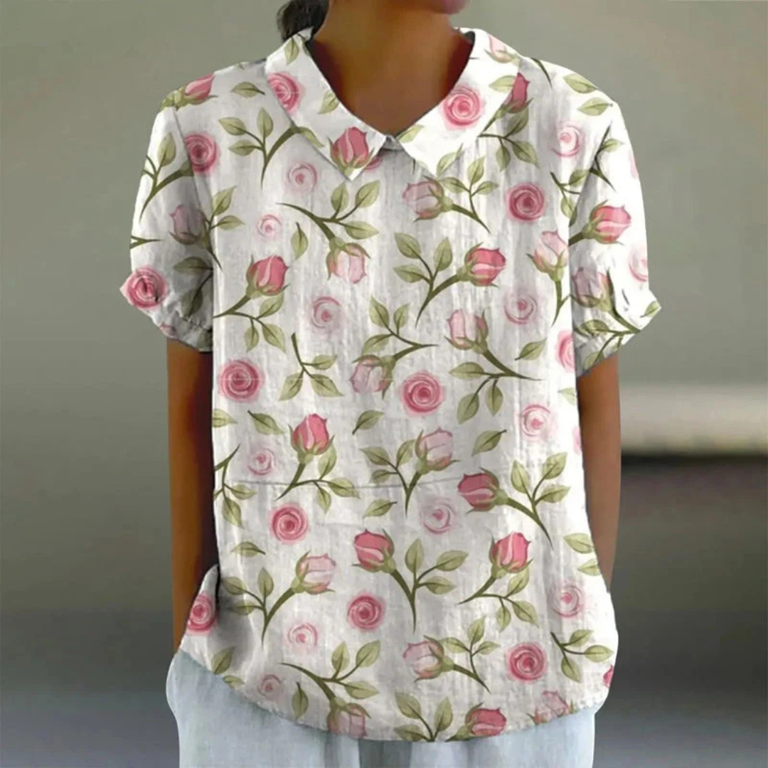 Blusa para mujer con cuello en muesca y escote en V, mangas cortas, estampado