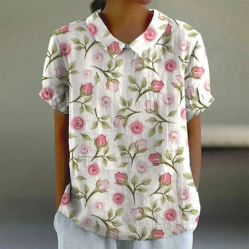 Blusa para mujer con cuello en muesca y escote en V, mangas cortas, estampado