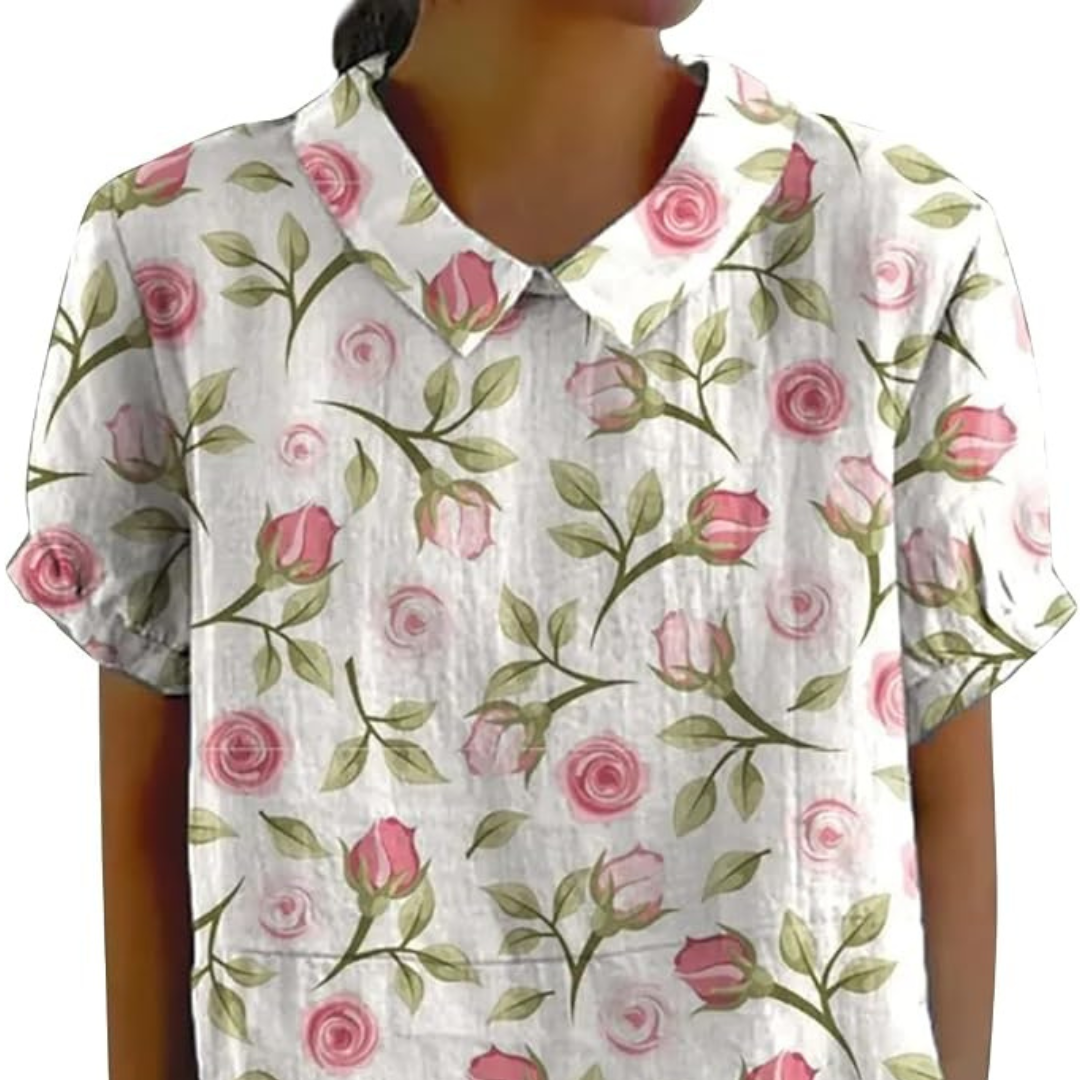 Blusa para mujer con cuello en muesca y escote en V, mangas cortas, estampado