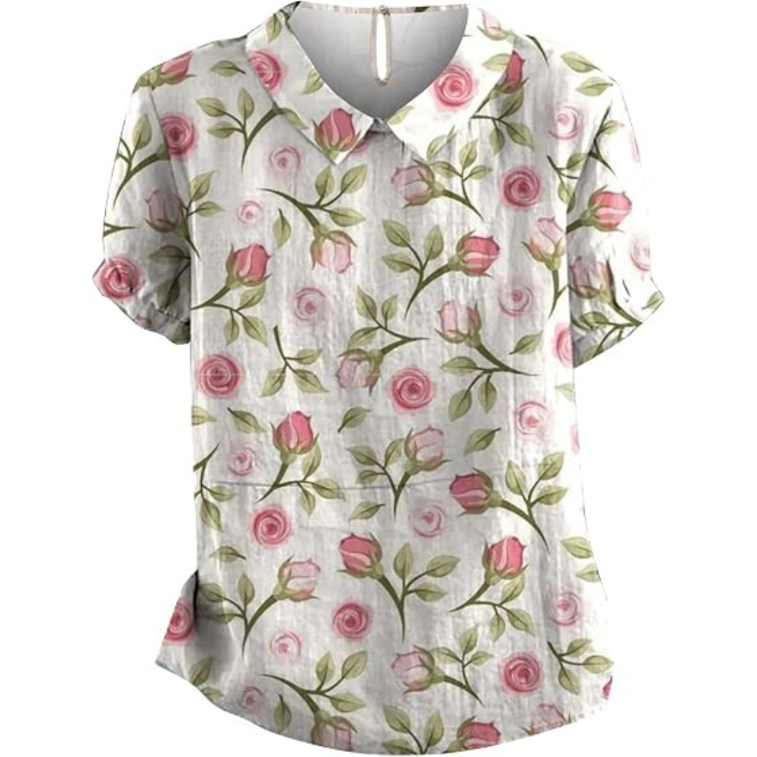 Blusa para mujer con cuello en muesca y escote en V, mangas cortas, estampado