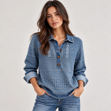 Blusa para mujer con cuello y puños en contraste, manga larga con abertura de botonadura parcial, ajuste relajado