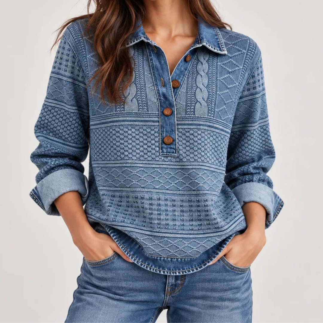 Blusa para mujer con cuello y puños en contraste, manga larga con abertura de botonadura parcial, ajuste relajado