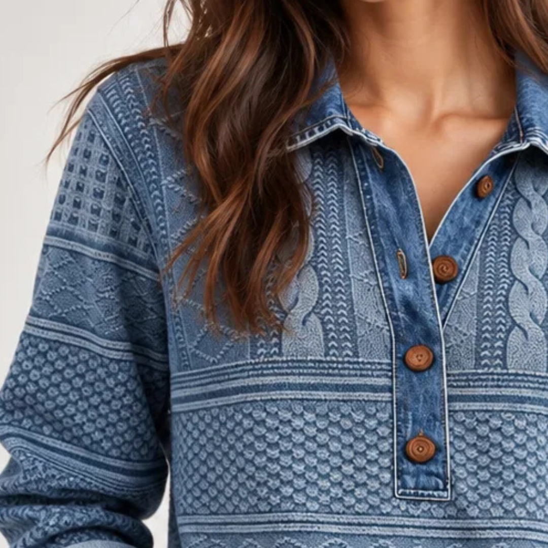 Blusa para mujer con cuello y puños en contraste, manga larga con abertura de botonadura parcial, ajuste relajado