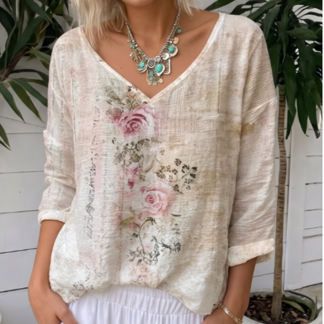 Blusa para Mujer con Escote en V de Manga Larga - Corte relajado, estampado floral vintage
