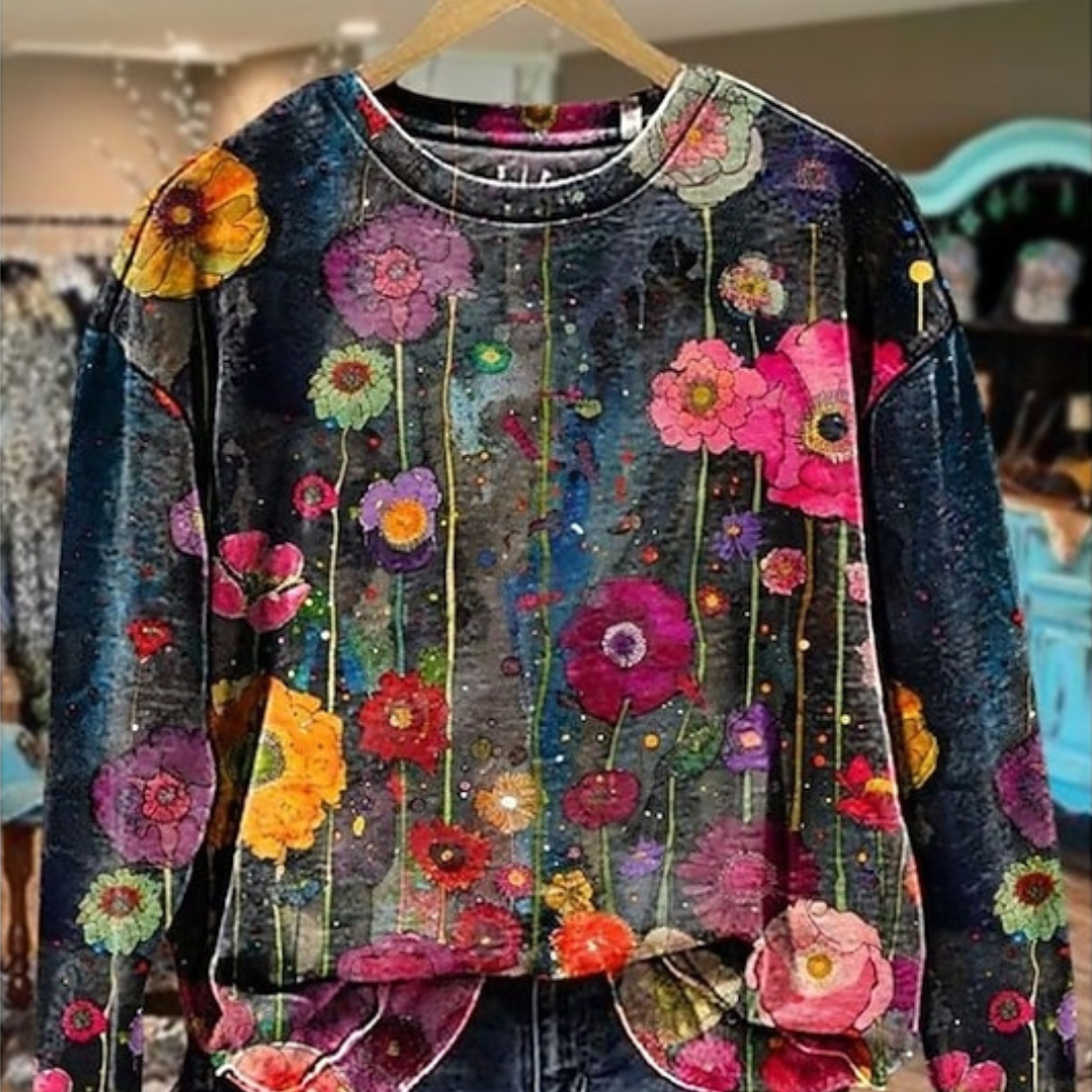 Blusa para mujer de manga larga con cuello redondo, ajuste relajado y estampa floral
