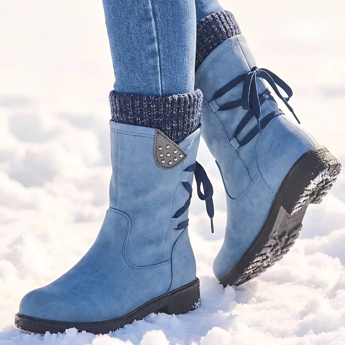 Botines de mujer hasta la pantorrilla - Diseño con cordones, detalles con tachuelas, puño cálido