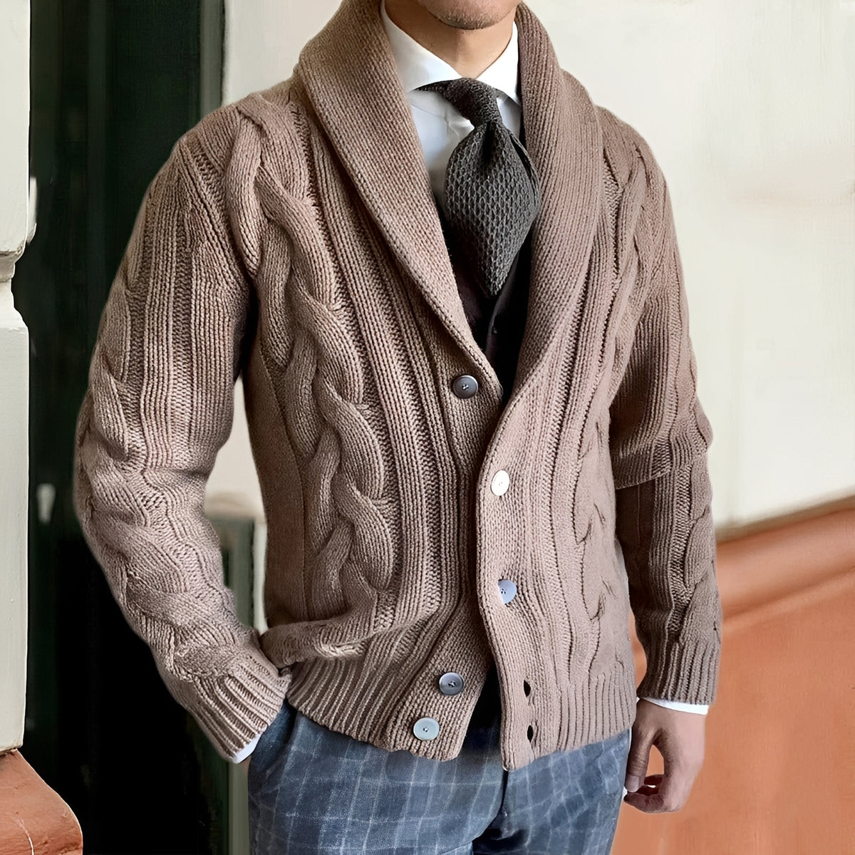Cárdigan de hombre con cuello chal y botones manga larga estilo casual