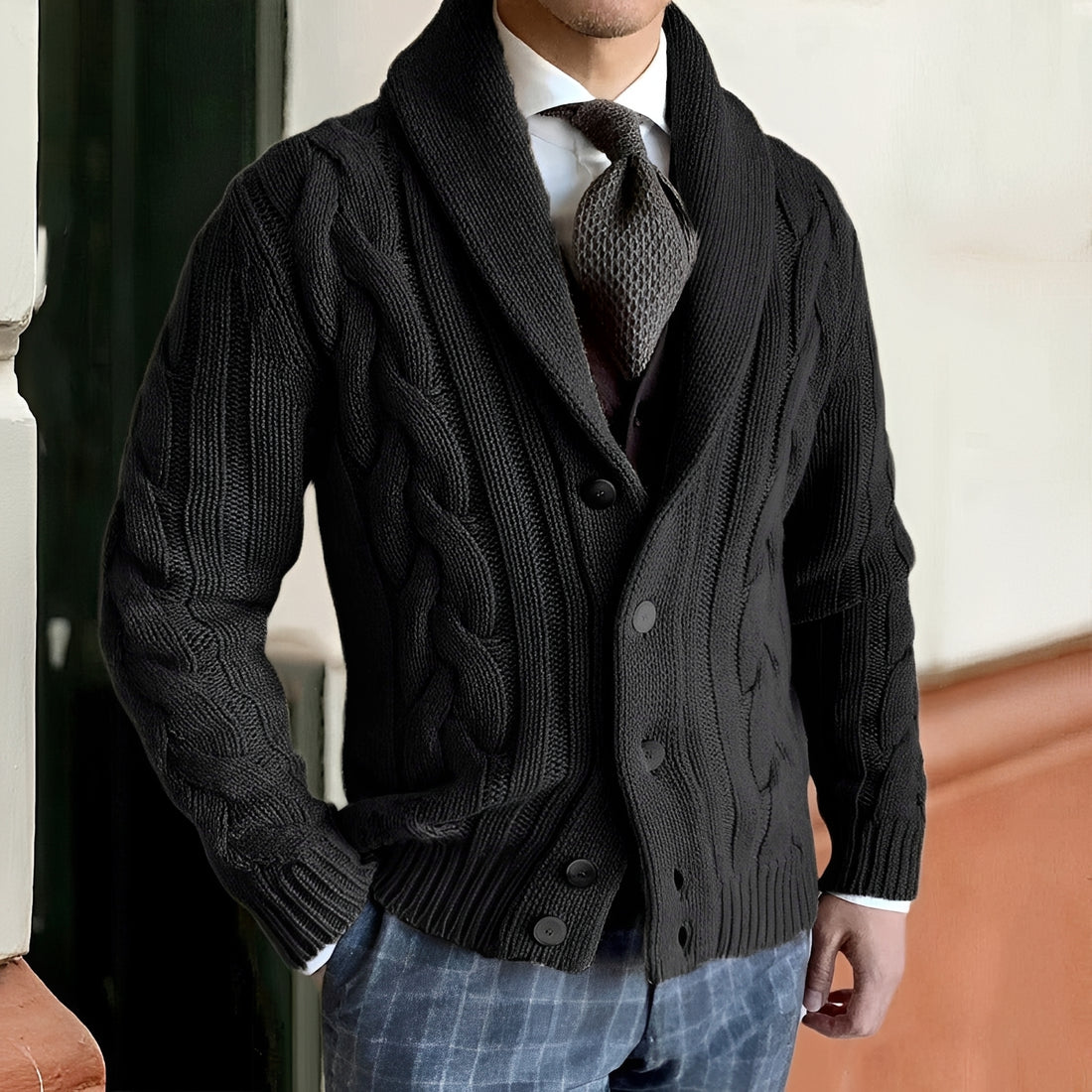 Cárdigan de hombre con cuello chal y botones manga larga estilo casual