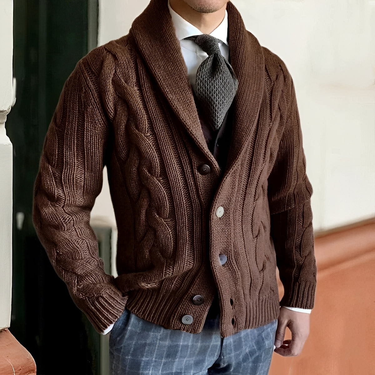 Cárdigan de hombre con cuello chal y botones manga larga estilo casual