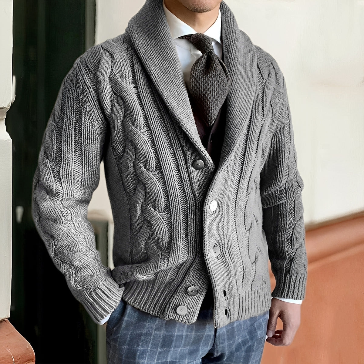 Cárdigan de hombre con cuello chal y botones manga larga estilo casual