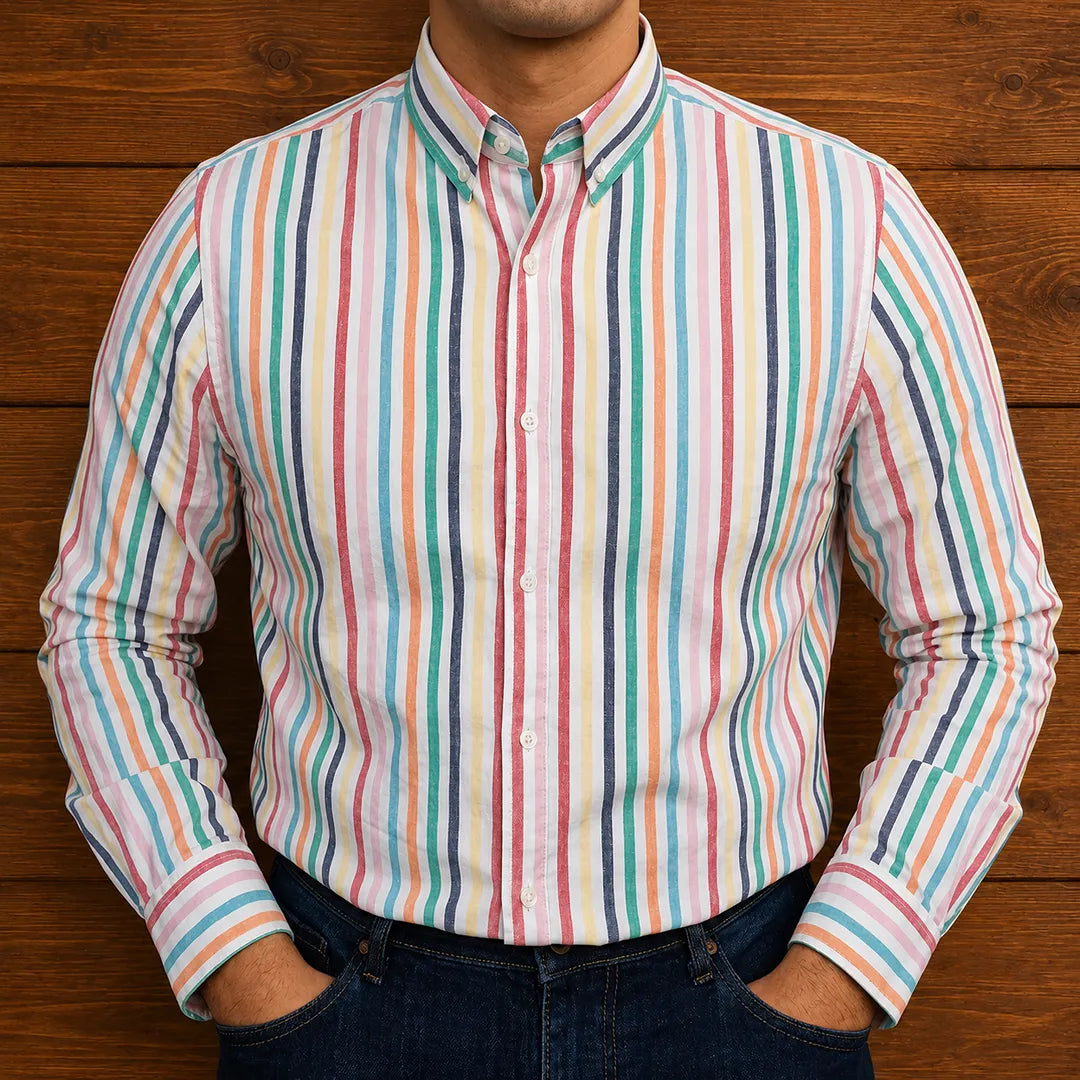 Camisa casual de hombre de manga larga con cuello puntiagudo y cierre de botones