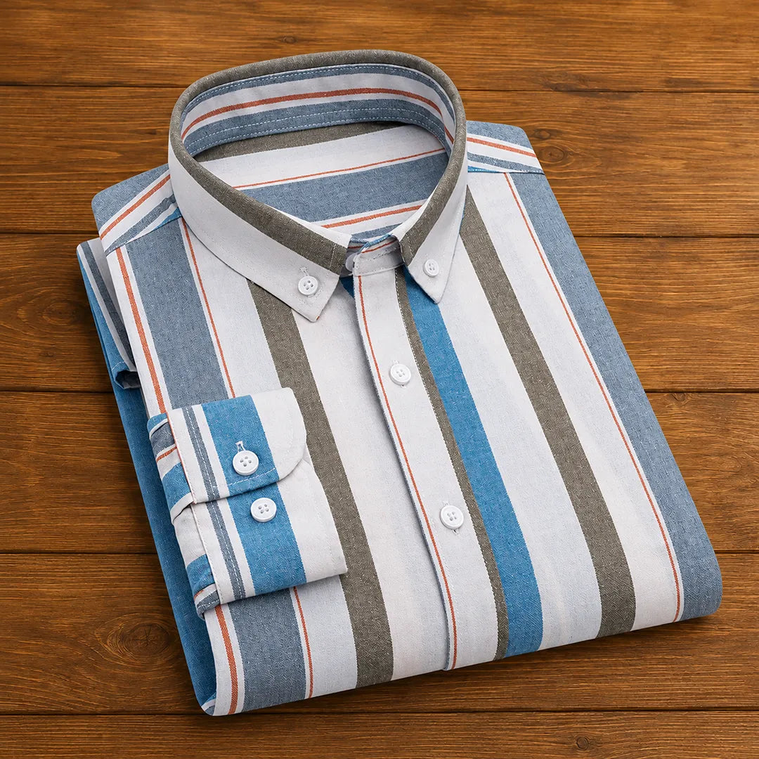 Camisa casual de hombre de manga larga con cuello puntiagudo y cierre de botones