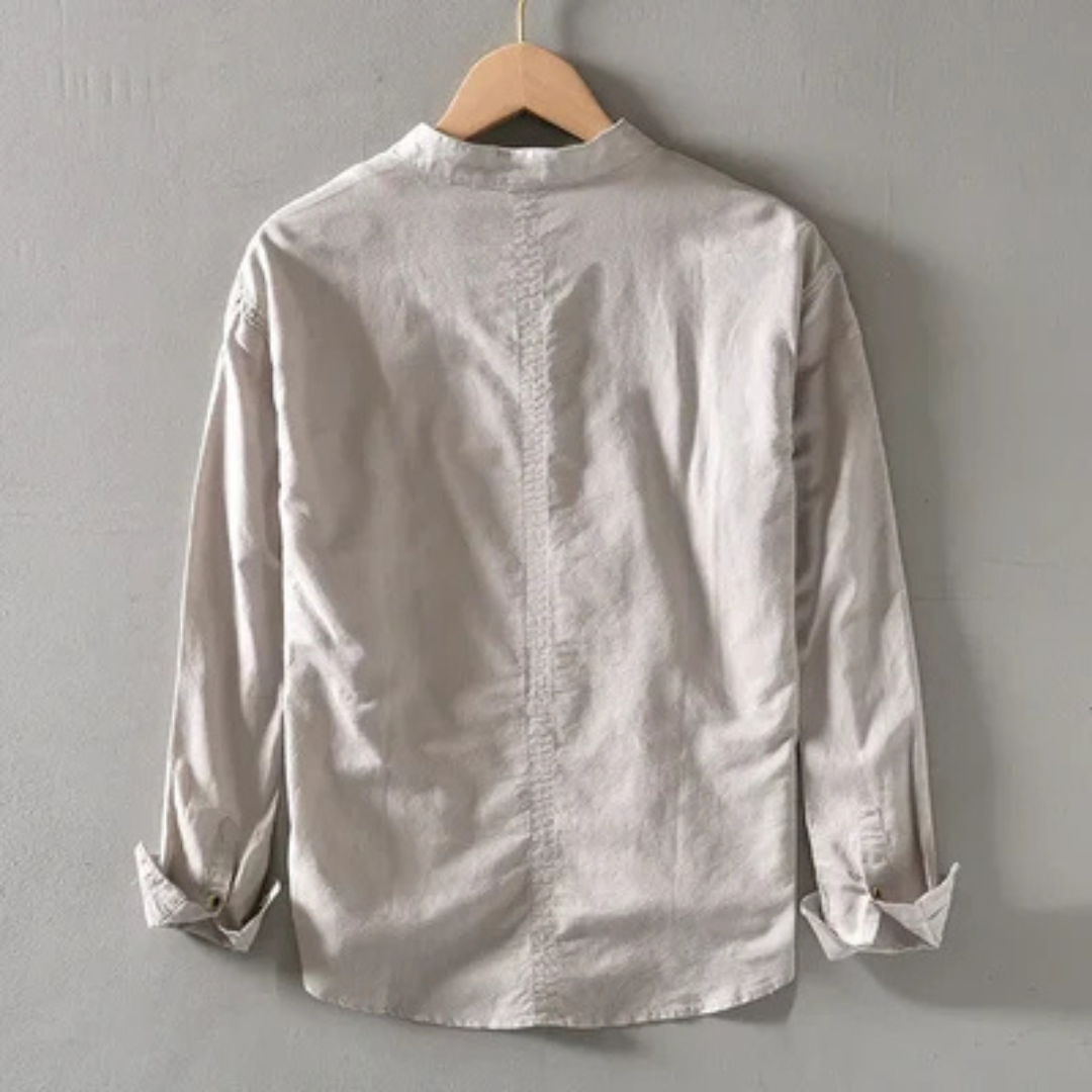 Camisa de hombre con cuello banda y manga larga - Botonadura de cuatro botones, recta relajada