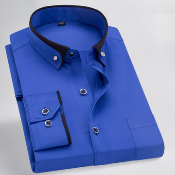 Camisa de hombre con cuello tipo tapa y tapeta frontal - manga larga, puntada y detalle en contraste