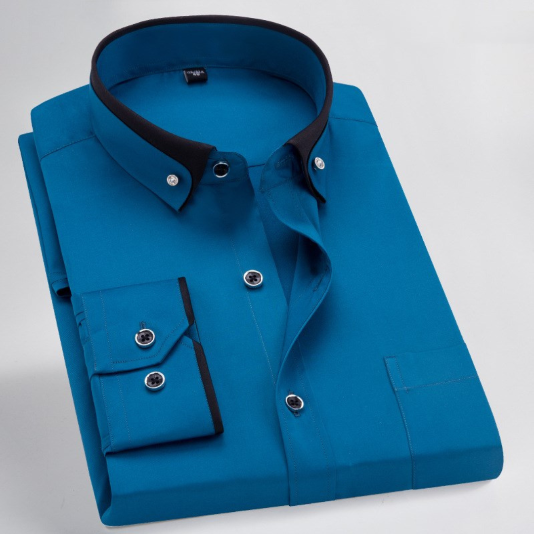 Camisa de hombre con cuello tipo tapa y tapeta frontal - manga larga, puntada y detalle en contraste