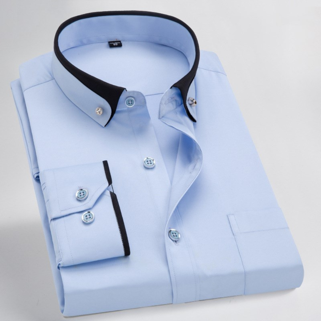 Camisa de hombre con cuello tipo tapa y tapeta frontal - manga larga, puntada y detalle en contraste