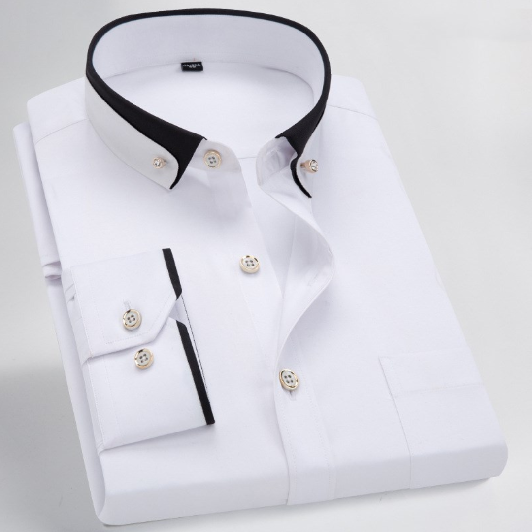 Camisa de hombre con cuello tipo tapa y tapeta frontal - manga larga, puntada y detalle en contraste