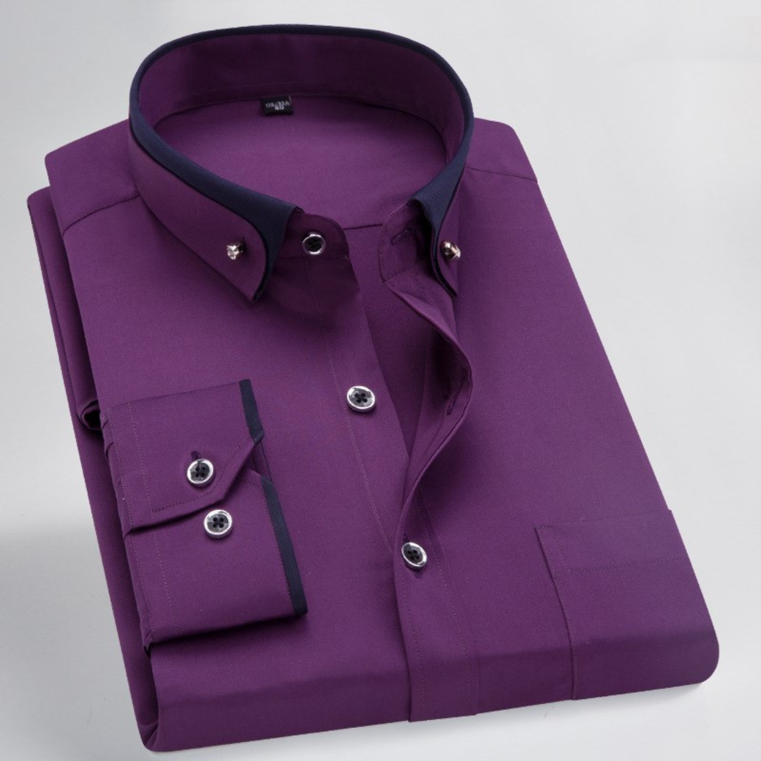 Camisa de hombre con cuello tipo tapa y tapeta frontal - manga larga, puntada y detalle en contraste