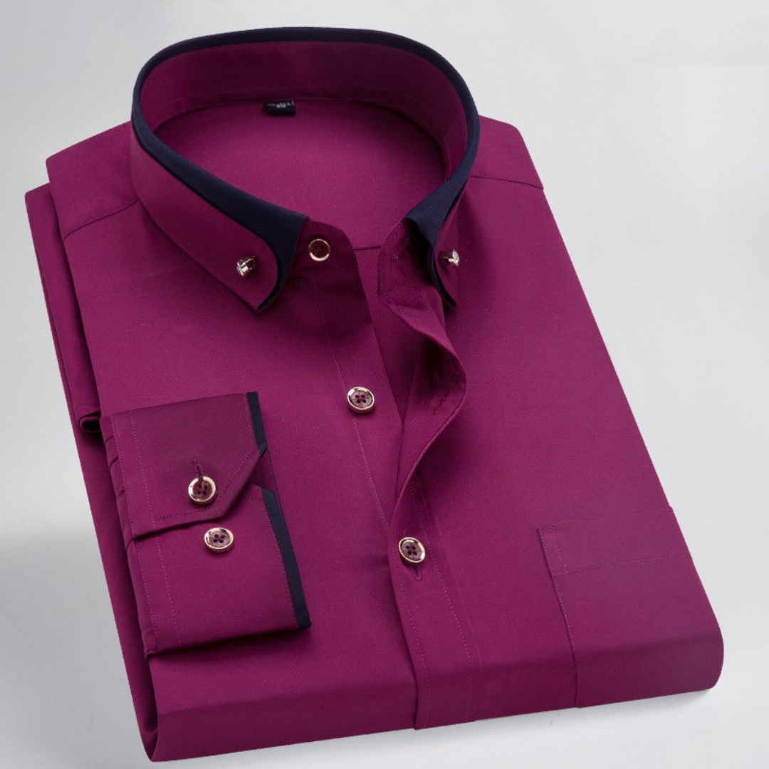 Camisa de hombre con cuello tipo tapa y tapeta frontal - manga larga, puntada y detalle en contraste