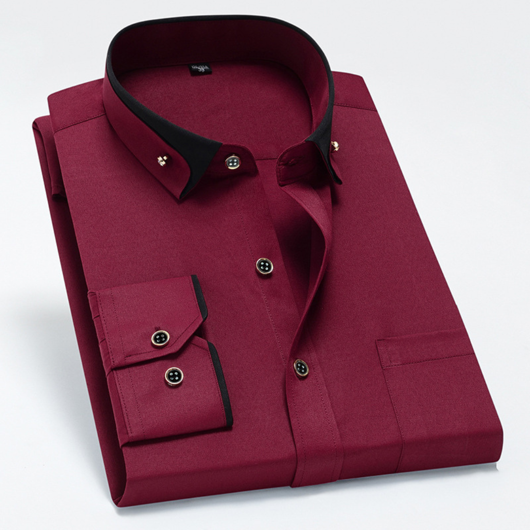 Camisa de hombre con cuello tipo tapa y tapeta frontal - manga larga, puntada y detalle en contraste