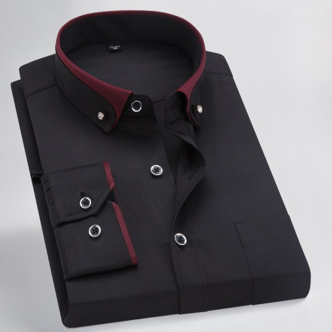 Camisa de hombre con cuello tipo tapa y tapeta frontal - manga larga, puntada y detalle en contraste
