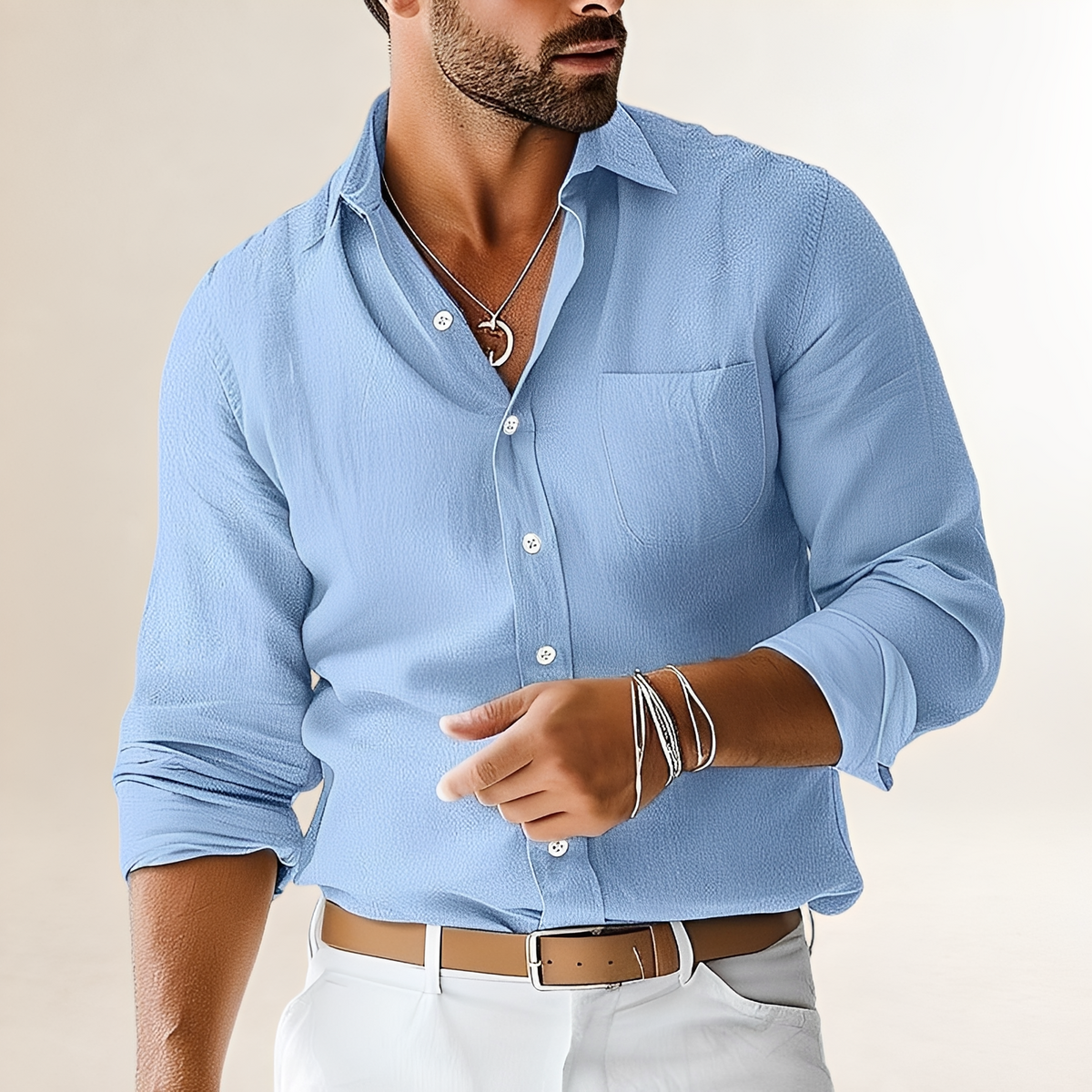 Camisa de hombre de manga larga con botones y bolsillo en el pecho