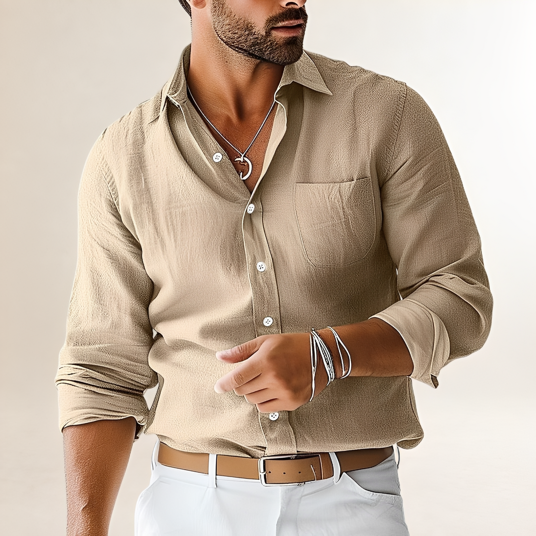 Camisa de hombre de manga larga con botones y bolsillo en el pecho